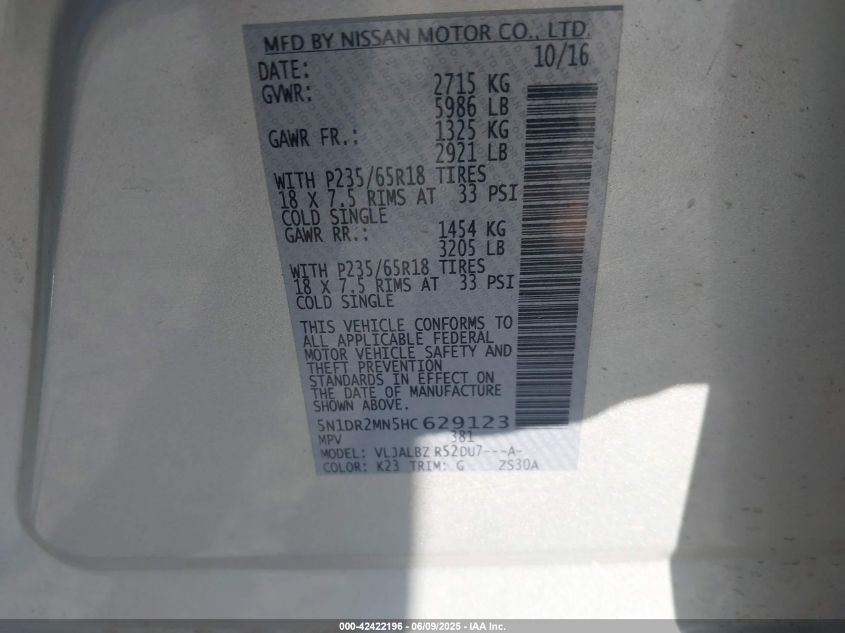 2017 Nissan Pathfinder Platinum/S/Sl/Sv VIN: 5N1DR2MN5HT629123 Lot: 42422196