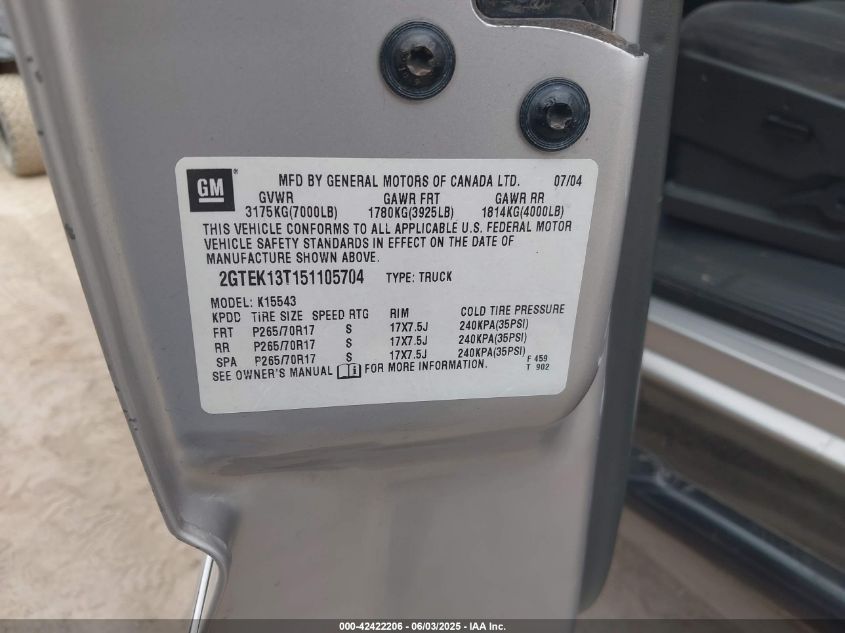 2005 GMC Sierra 1500 Sle VIN: 2GTEK13T151105704 Lot: 42422206