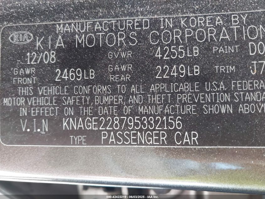 2009 Kia Optima Lx VIN: KNAGE228795332156 Lot: 42422219