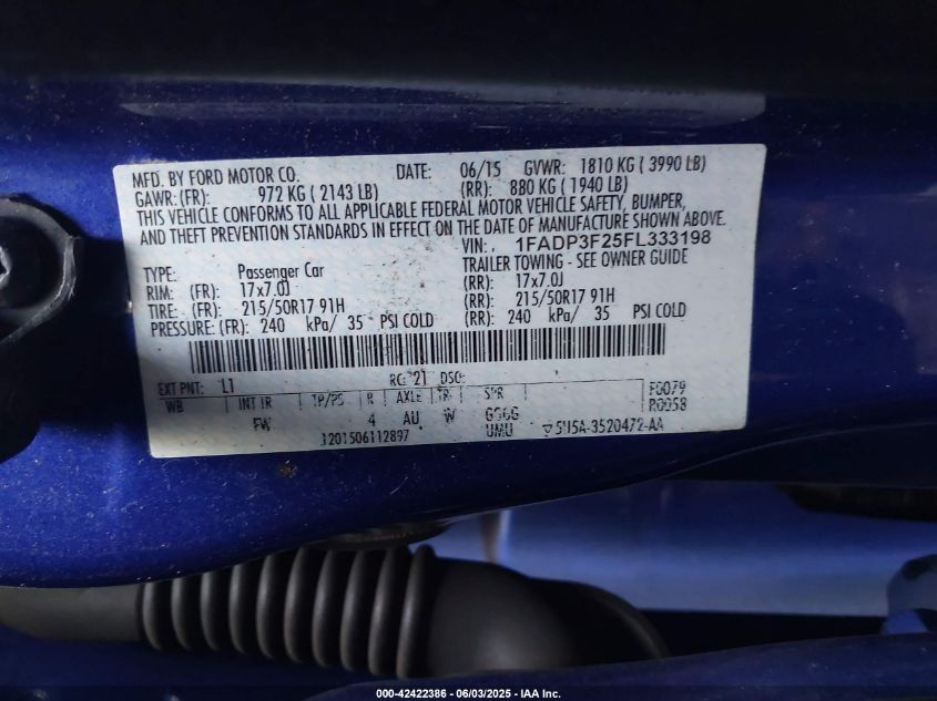 2015 Ford Focus Se VIN: 1FADP3F25FL333198 Lot: 42422386