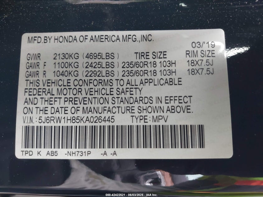 2019 HONDA CR-V EX-L - 5J6RW1H85KA026445