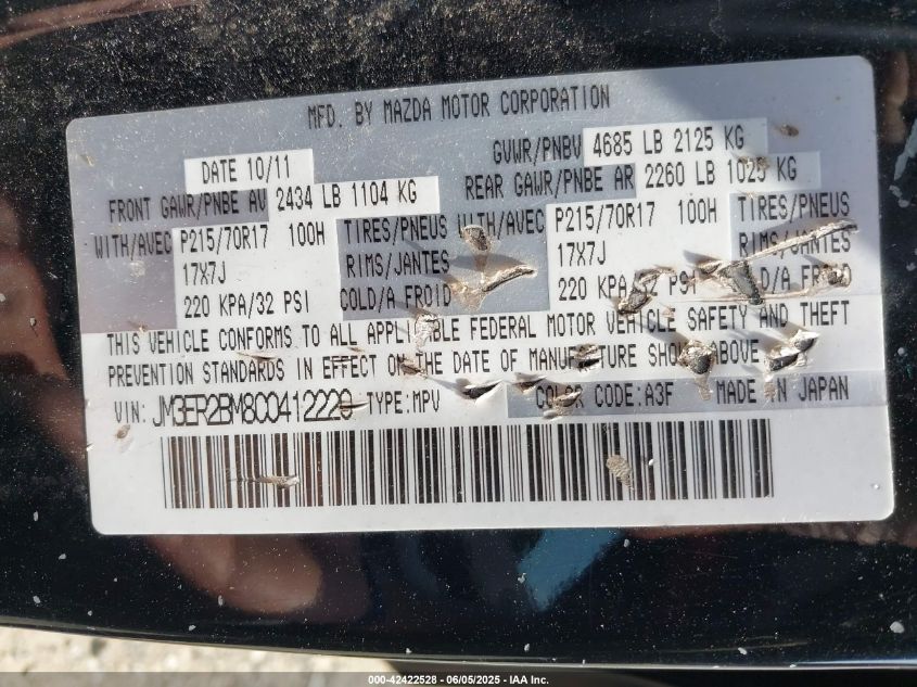 2012 Mazda Cx-7 I Sport VIN: JM3ER2BM8C0412220 Lot: 42422528