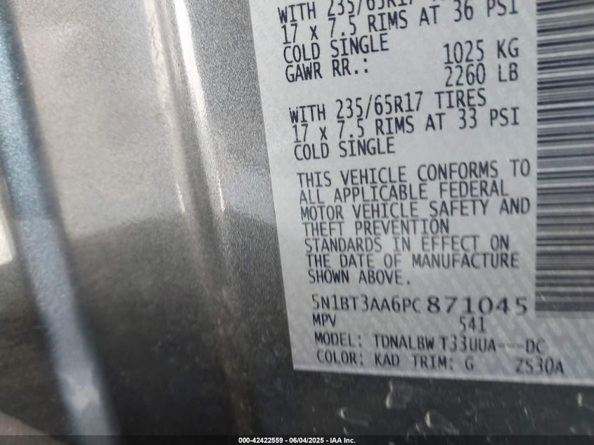 2023 Nissan Rogue S Fwd VIN: 5N1BT3AA6PC871045 Lot: 42422559