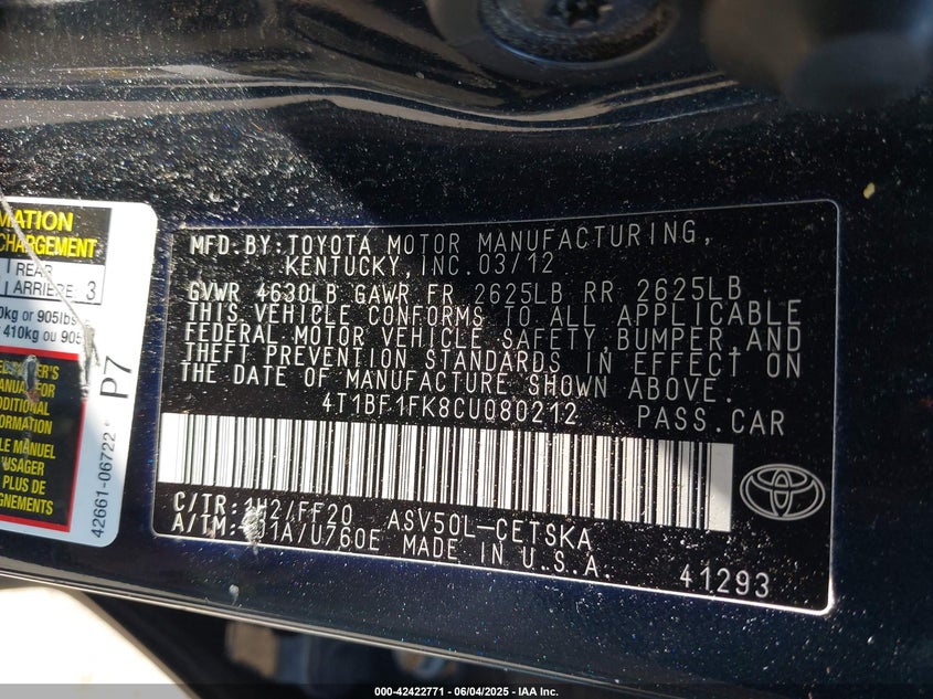 2012 TOYOTA CAMRY VIN: 4T1BF1FK8CU080212