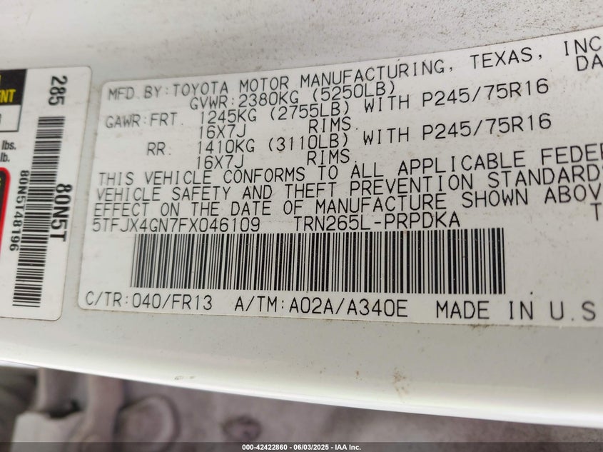 2015 TOYOTA TACOMA VIN: 5TFJX4GN7FX046109