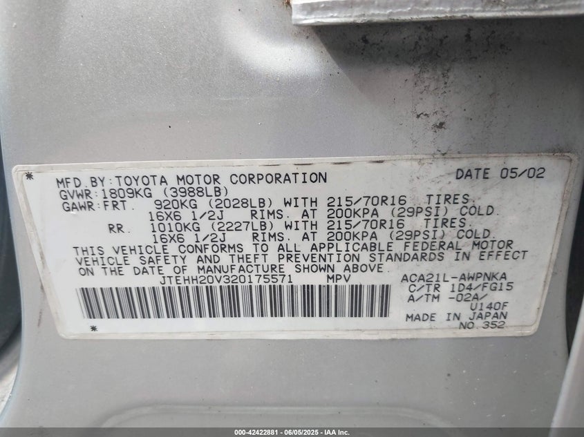 2002 Toyota Rav4 VIN: JTEHH20V320175571 Lot: 42422881