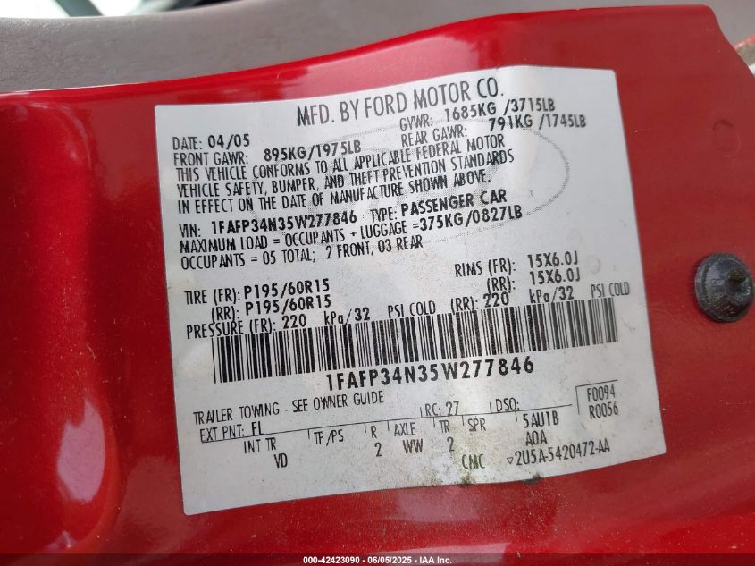2005 Ford Focus Zx4 VIN: 1FAFP34N35W277846 Lot: 42423090