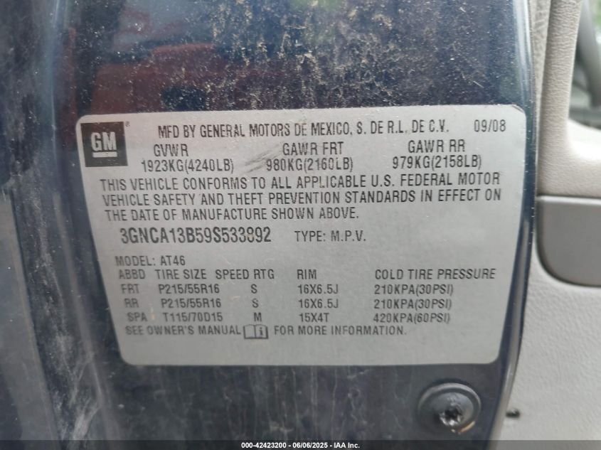2009 Chevrolet Hhr Ls VIN: 3GNCA13B59F533892 Lot: 42423200