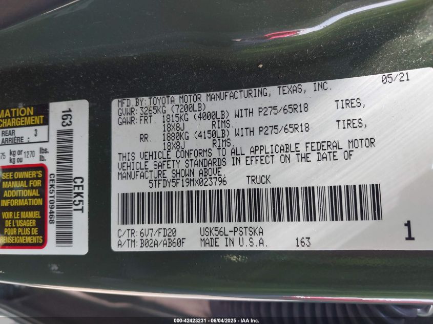 2021 Toyota Tundra VIN: 5TFDYF19MX023796 Lot: 42423231