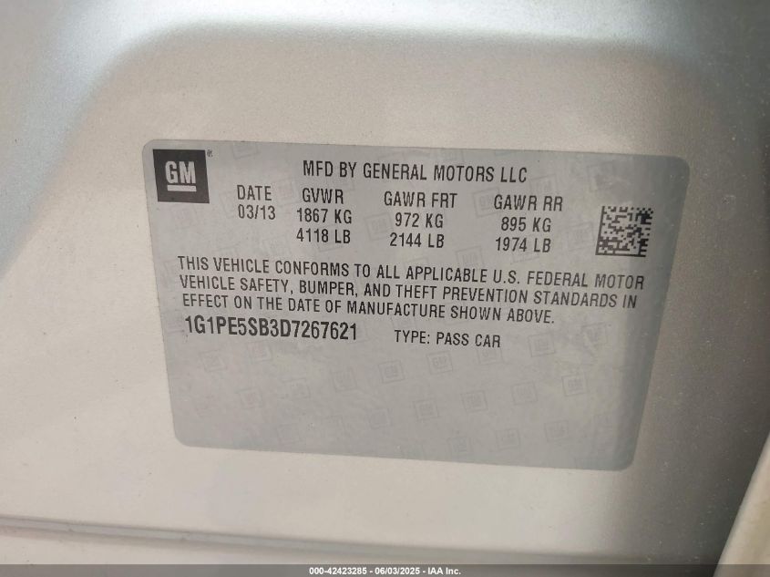 2013 Chevrolet Cruze Lt VIN: 1G1PE5SB3D7267621 Lot: 42423285