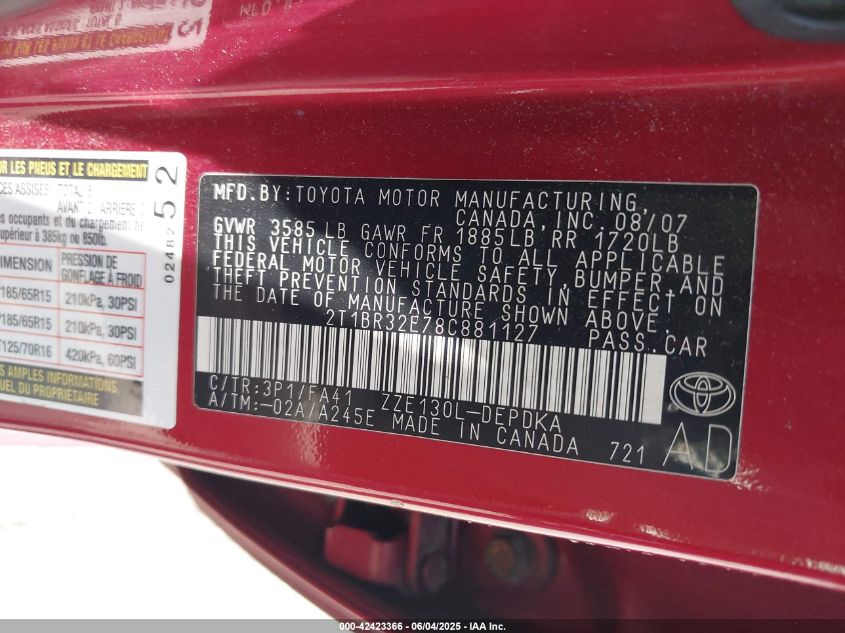 2008 Toyota Corolla Ce VIN: 2T1BR32E78C881127 Lot: 42423366