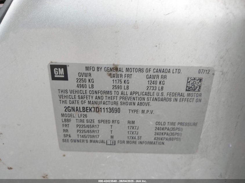 2013 CHEVROLET EQUINOX VIN: 2GNALBEK7D1113690