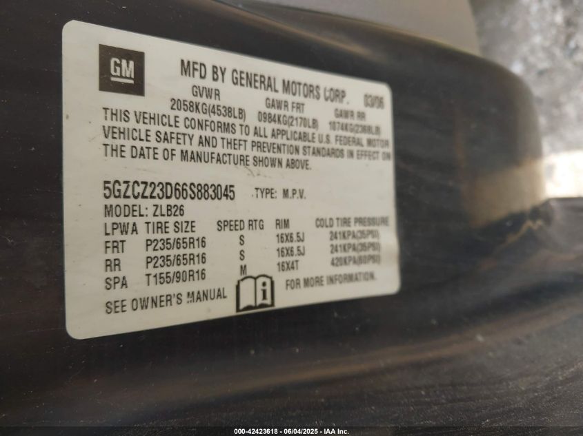 2006 Saturn Vue 4 Cyl VIN: 5GZCZ23D66S883045 Lot: 42423618