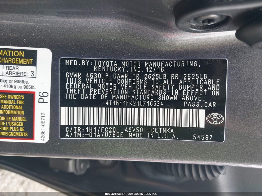 2017 TOYOTA CAMRY VIN: 4T1BF1FK2HU716534