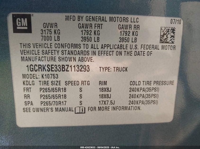 2011 CHEVROLET SILVERADO 1500 VIN: 1GCRKSE33BZ113293