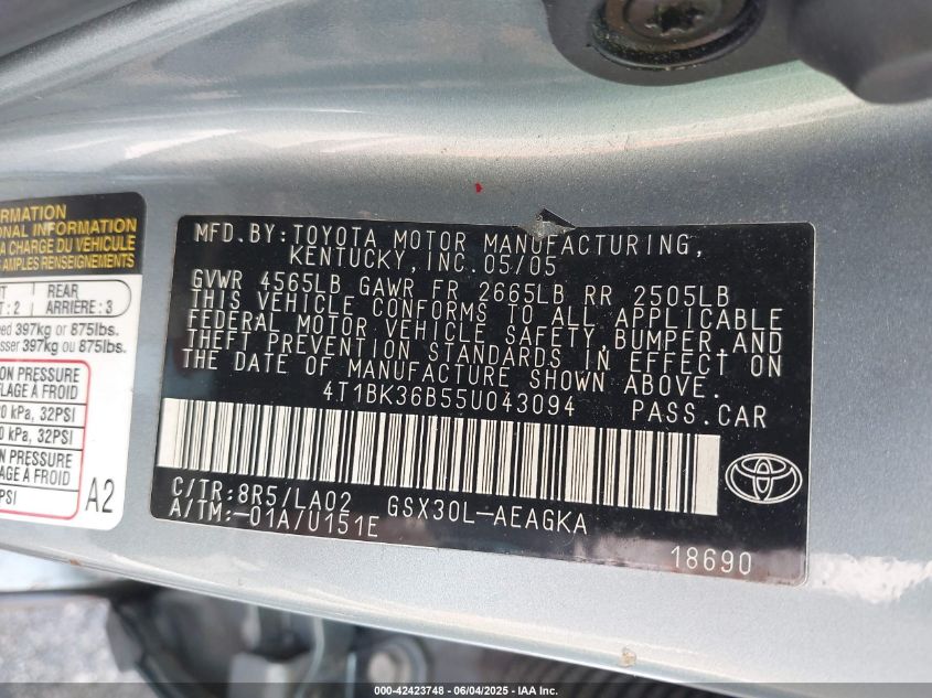 2005 Toyota Avalon Xls VIN: 4T1BK36B55U043094 Lot: 42423748