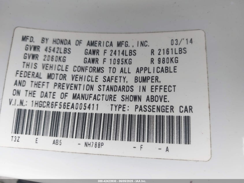 2014 Honda Accord Hybrid Ex-L VIN: 1HGCR6F56EA005411 Lot: 42423930