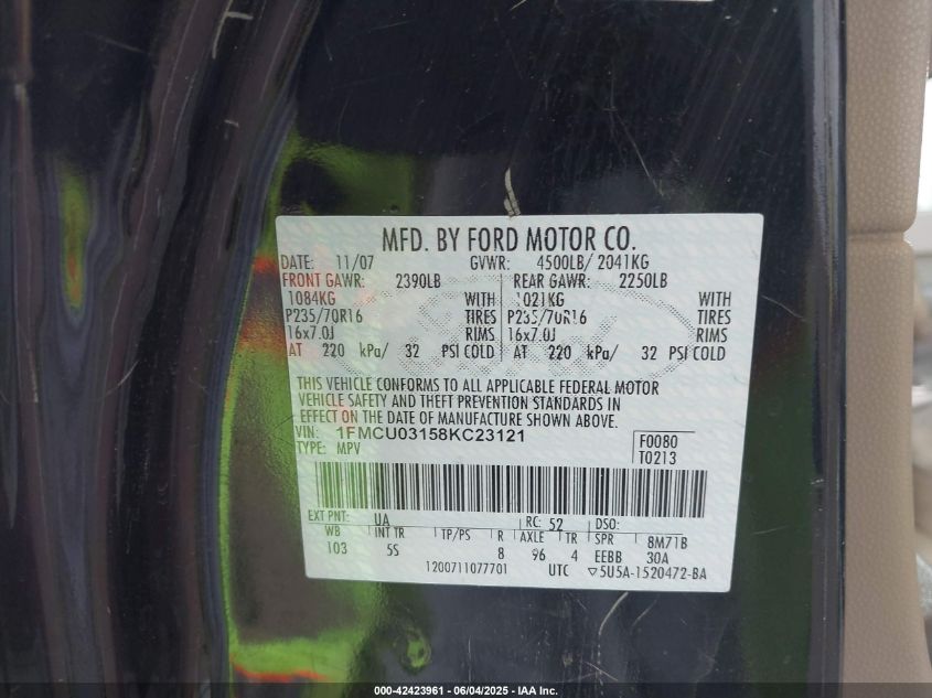 2008 Ford Escape Xlt VIN: 1FMCU03158KC23121 Lot: 42423961