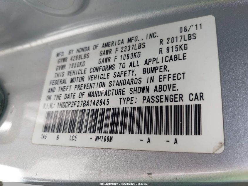 2011 Honda Accord 2.4 Lx VIN: 1HGCP2F37BA14845 Lot: 42424027