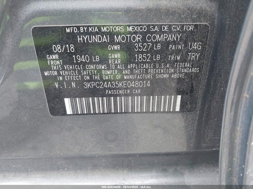 2019 HYUNDAI ACCENT VIN: 3KPC24A35KE048014