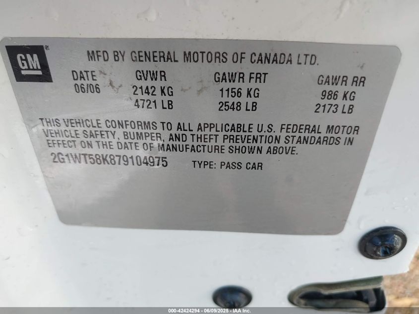 2007 Chevrolet Impala Lt VIN: 2G1WT58K879104975 Lot: 42424294