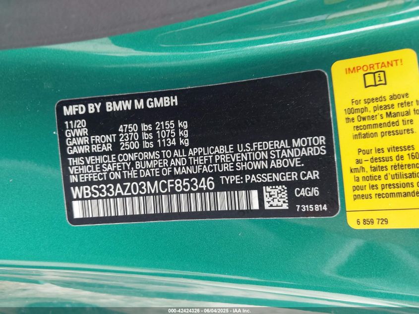 2021 BMW M4 - WBS33AZ03MCF85346