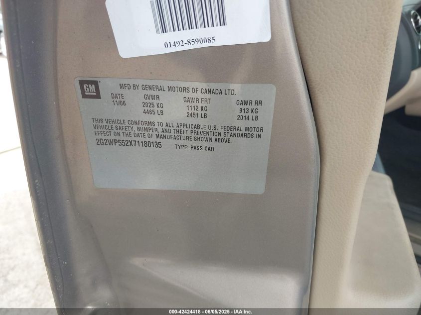 2007 Pontiac Grand Prix VIN: 2G2WP552X71180135 Lot: 42424418