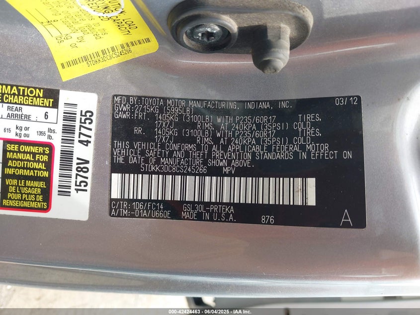 2012 Toyota Sienna Le V6 8 Passenger VIN: 5TDKK3DC8CS245266 Lot: 42424463