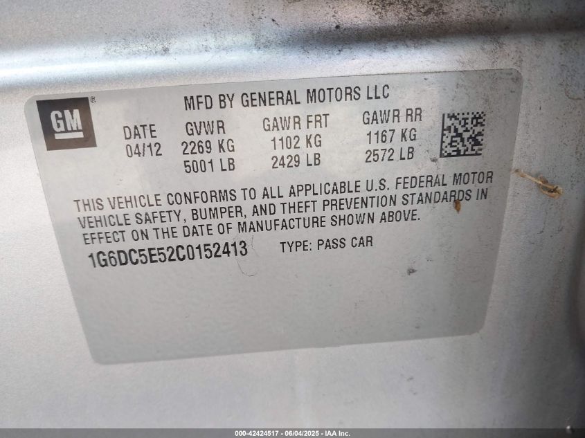 2012 Cadillac Cts Standard VIN: 1G6DC5E52C0152413 Lot: 43275319