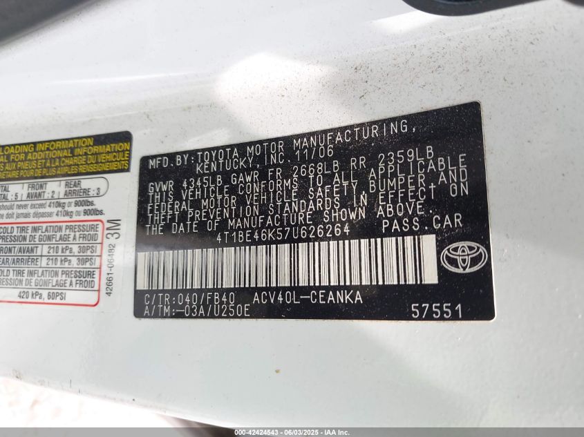 2007 Toyota Camry Le VIN: 4T1BE46K57U626264 Lot: 42424543