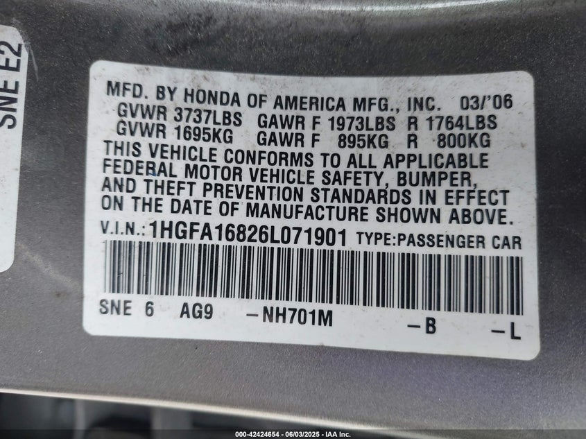 2006 Honda Civic Ex VIN: 1HGFA16826L071901 Lot: 42424654
