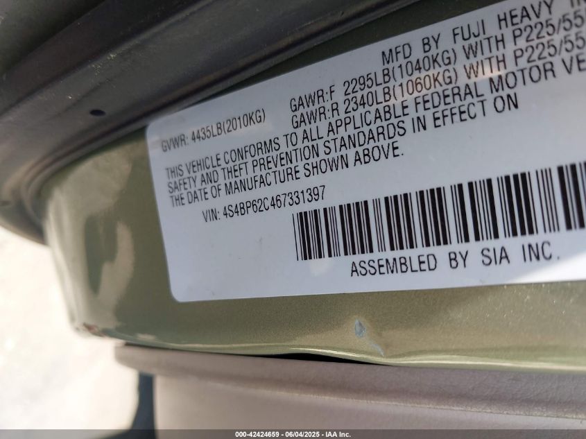 2006 Subaru Outback 2.5I Limited VIN: 4S4BP62C467331397 Lot: 42424659