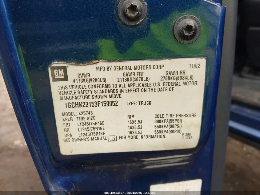 2003 Chevrolet Silverado 2500Hd Lt VIN: 1GCHK23153F159952 Lot: 42424827
