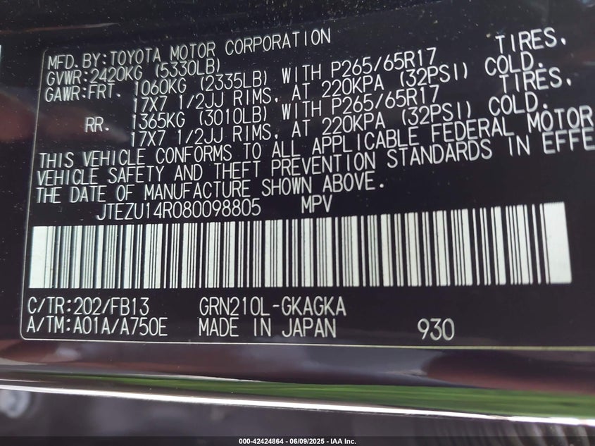 2008 TOYOTA 4RUNNER VIN: JTEZU14R080098805