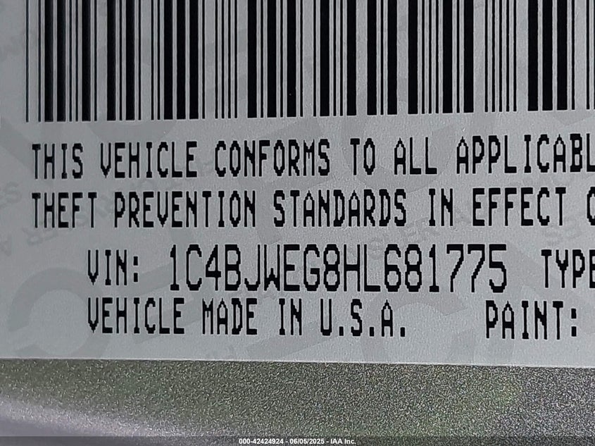 2017 JEEP WRANGLER UNLIMITED VIN: 1C4BJWEG8HL681775