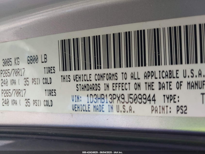 2009 DODGE RAM 1500 VIN: 1D3HB13PX9J509944