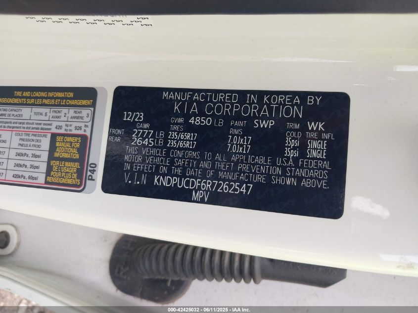 2024 Kia Sportage Lx VIN: KNDPUCDF6R7262547 Lot: 42425032