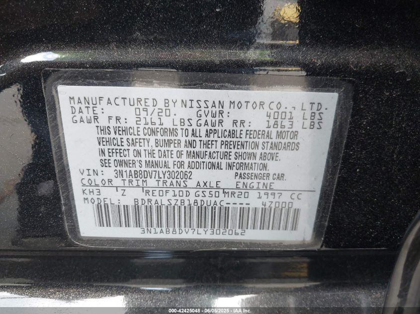 2020 Nissan Sentra Sr Xtronic Cvt VIN: 3N1AB8DV7LY302062 Lot: 42425048
