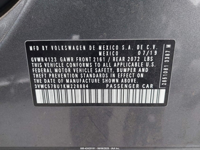 2019 VOLKSWAGEN JETTA VIN: 3VWC57BU1KM228884