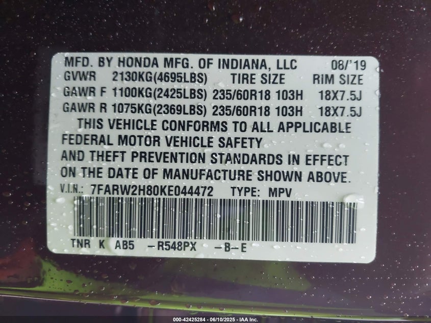 2019 HONDA CR-V VIN: 7FARW2H80KE044472