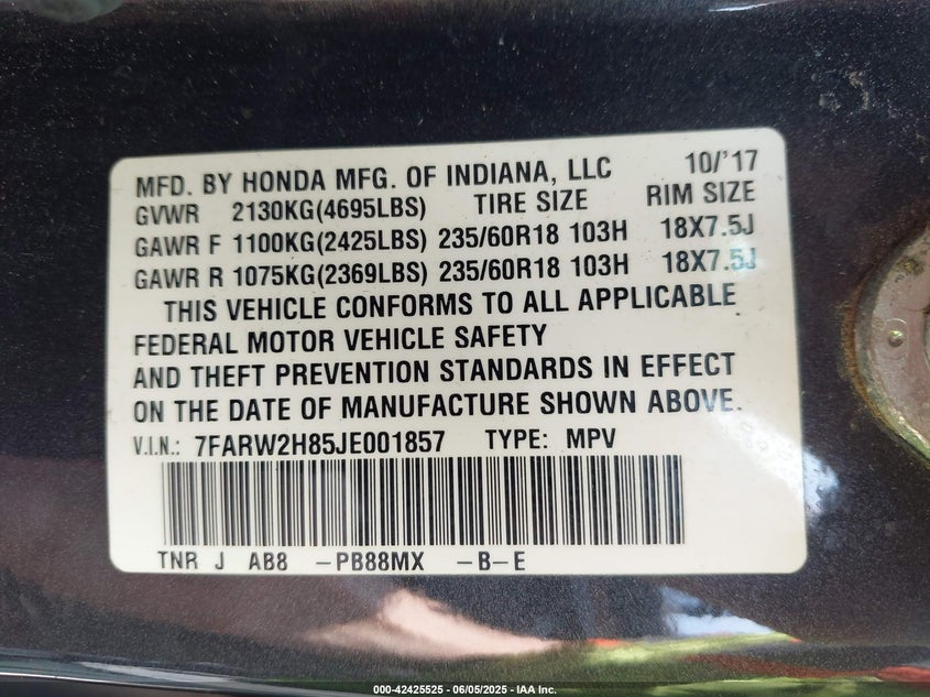 2018 HONDA CR-V EX-L/EX-L NAVI - 7FARW2H85JE001857