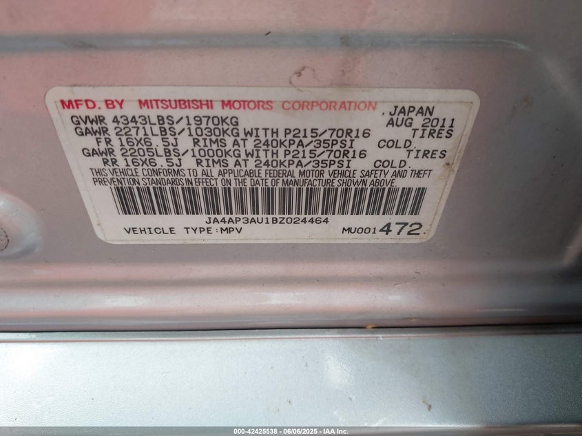 2011 MITSUBISHI OUTLANDER SPORT VIN: JA4AP3AU1BZ024464