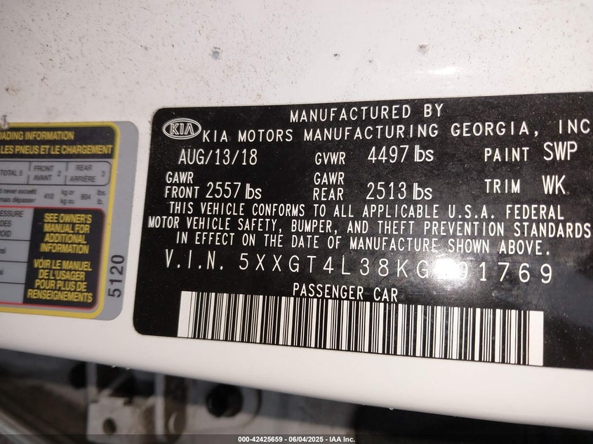 2019 Kia Optima 2.4 Lx White Lot 111042425659 Vin 5XXGT4L38KG291769