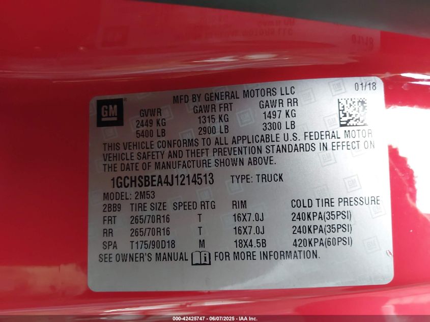 2018 Chevrolet Colorado Wt VIN: 1GCHSBEA4J1214513 Lot: 42425747