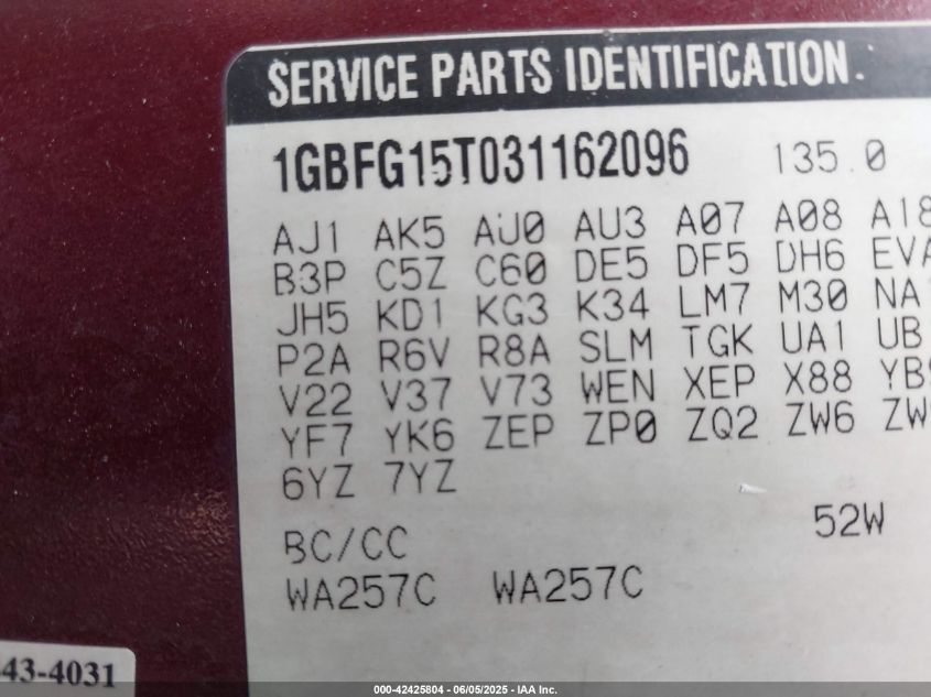 2003 Chevrolet Express Upfitter VIN: 1GBFG15T031162096 Lot: 42425804