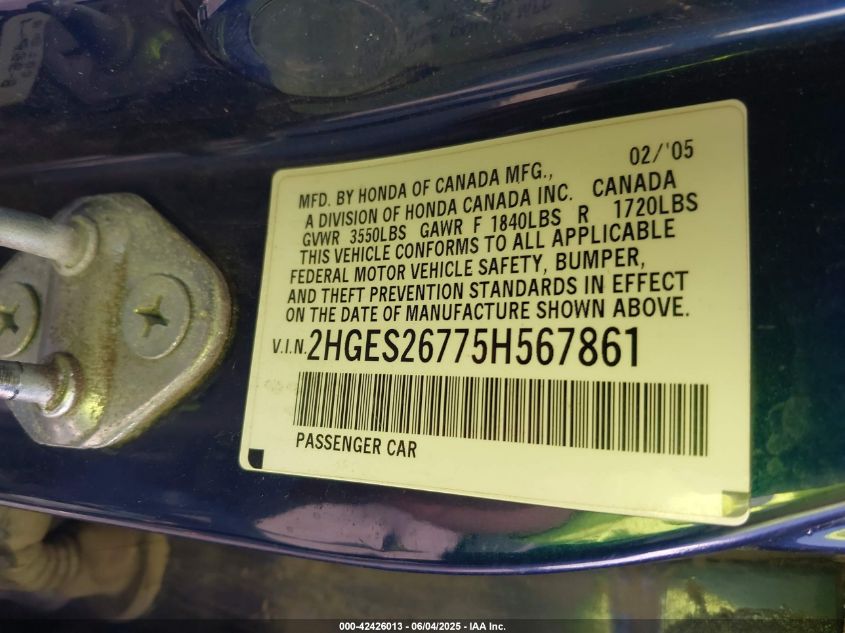2005 Honda Civic Ex VIN: 2HGES26775H567861 Lot: 42426013