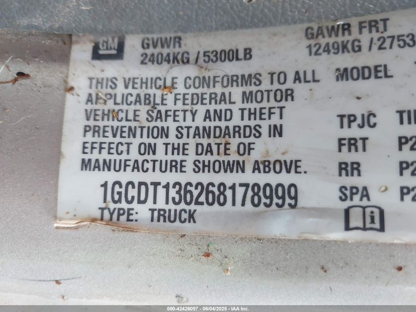 2006 Chevrolet Colorado Lt VIN: 1GCDT136268178999 Lot: 42426097