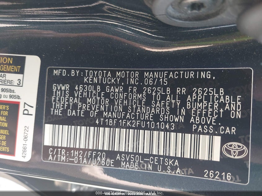 2015 TOYOTA CAMRY VIN: 4T1BF1FK2FU101043
