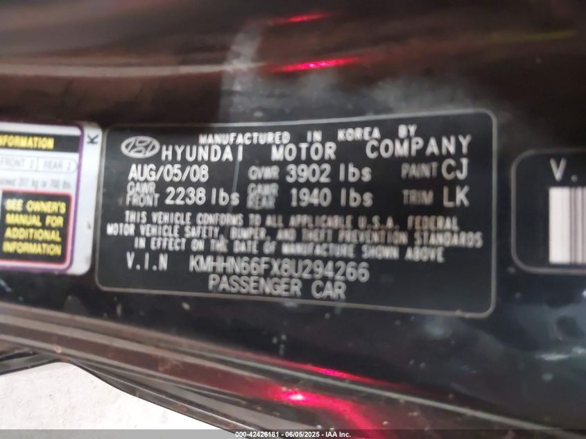 2008 Hyundai Tiburon Gt/Gt Limited/Se VIN: KMHHN66FX8U294266 Lot: 42426181