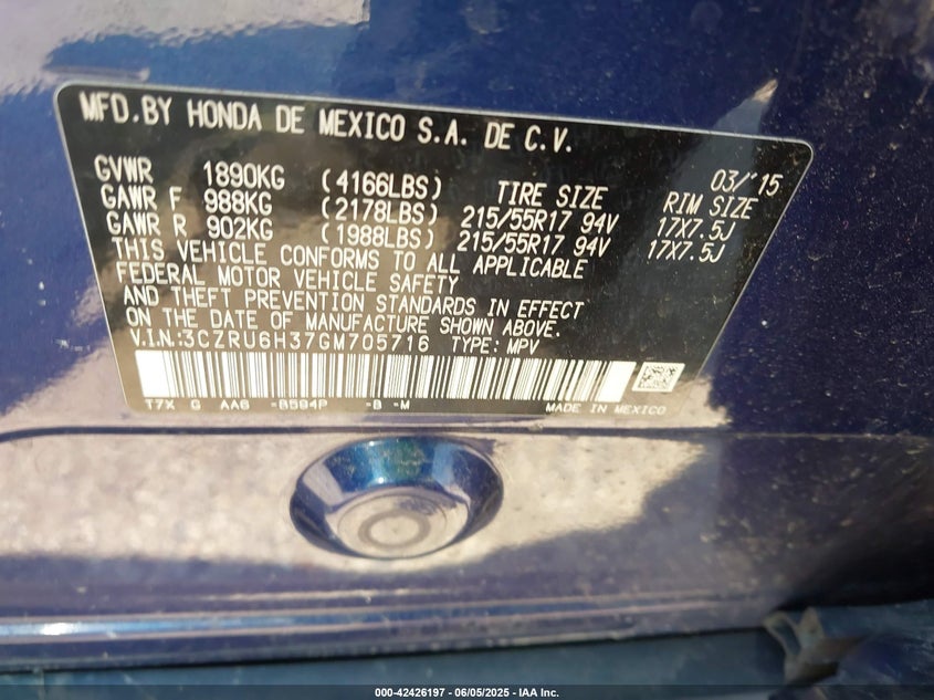 2016 HONDA HR-V VIN: 3CZRU6H37GM705716
